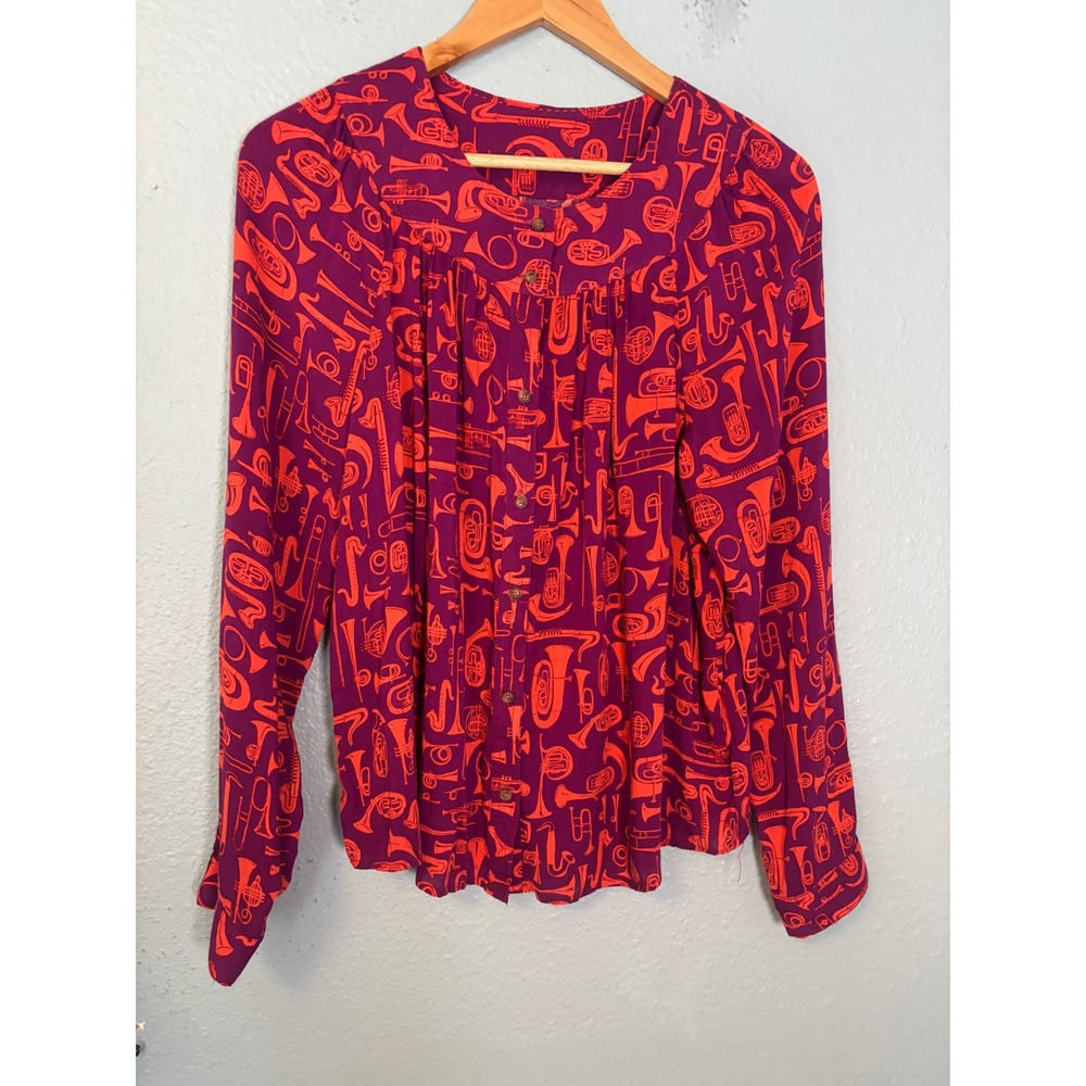 Anthropologie Toot Your Horn Blouse Size Medium Button Front Rayon Music - Picture 2 of 5